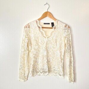 Liz Claiborne Y2K Lace Bow Detail Long Sleeve Layered Cream Vneck Blouse S